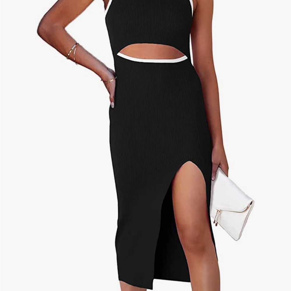 Women's Midi Bodycon Dresses Crew Neck Side Slit Sleeveless Knit Cut Out Dress